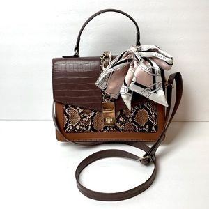 ALDO Cailla Top Handle Brown Color Block Shoulder Bag With Scarf 8"x10"x3.75"